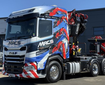 Mac’s Truck Group Volvo FH Aero crane truck featuring the company's largest-ever FASSI crane installation.