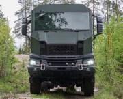 Scania's new modular protected cab on display at Eurosatory 2026 in Paris, designed for defence logistics and military transport operations.