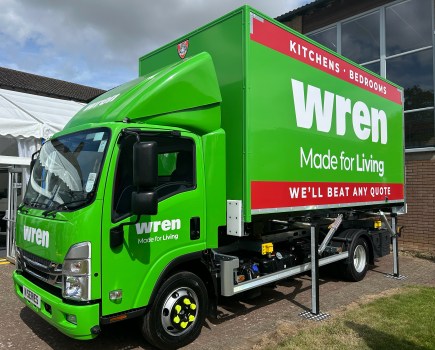 Isuzu N75.190 delivery truck with a bespoke demountable box body in Wren Kitchens livery
