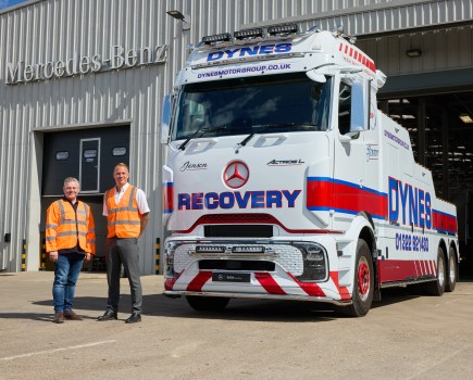 Dynes Motor Group Mercedes-Benz Actros L ProCabin heavy recovery truck with specialist Boniface recovery equipment outside a Mercedes-Benz dealership