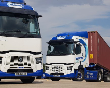 Renault Trucks E-Tech T electric tractor unit in Maritime Transport livery for container haulage.